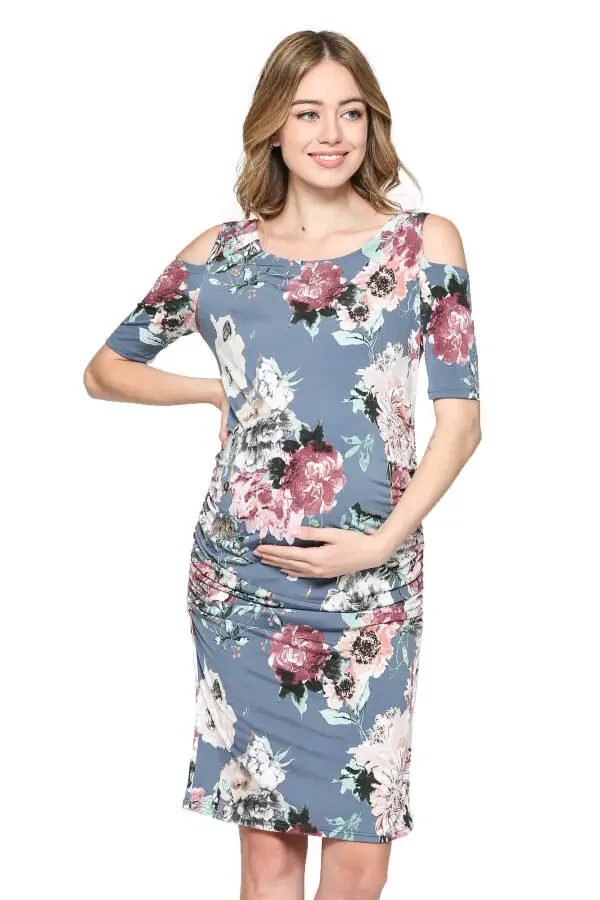LaClef Women's Cold Shoulder Maternity Midi Dress- - 1
