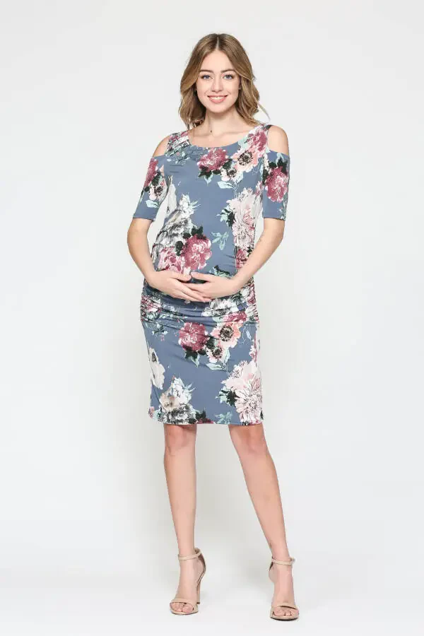 LaClef Women's Cold Shoulder Maternity Midi Dress- - 5