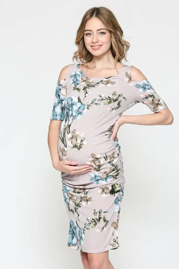 LaClef Women's Cold Shoulder Maternity Midi Dress- - 2