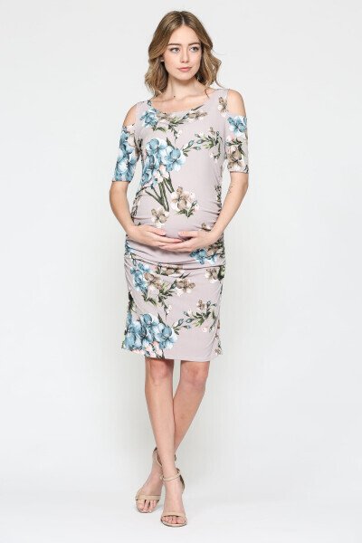 LaClef Women's Cold Shoulder Maternity Midi Dress- - 5