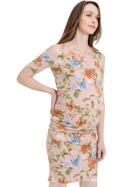 LaClef Women's Cold Shoulder Maternity Midi Dress- - LACLEF