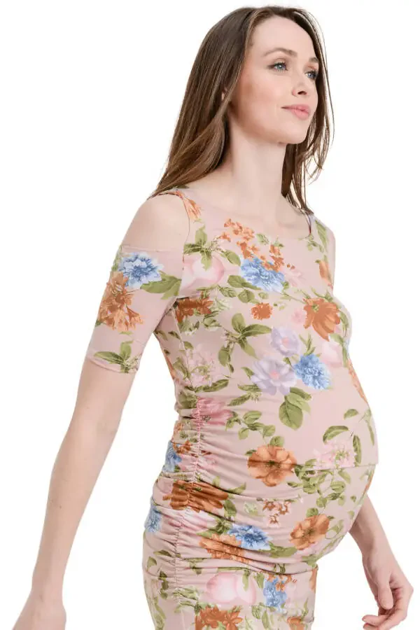 LaClef Women's Cold Shoulder Maternity Midi Dress- - 5