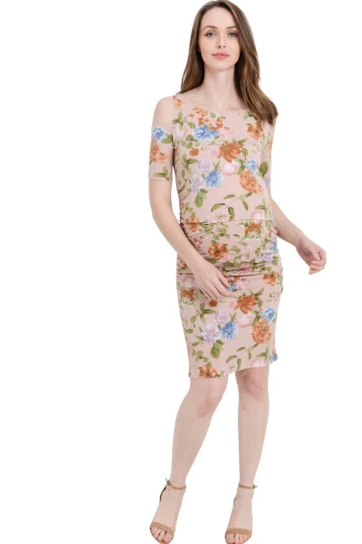 LaClef Women's Cold Shoulder Maternity Midi Dress- - 4