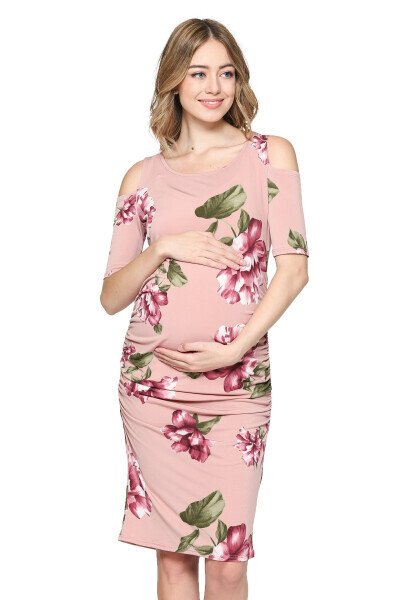 LaClef Women's Cold Shoulder Maternity Midi Dress- - Modazone