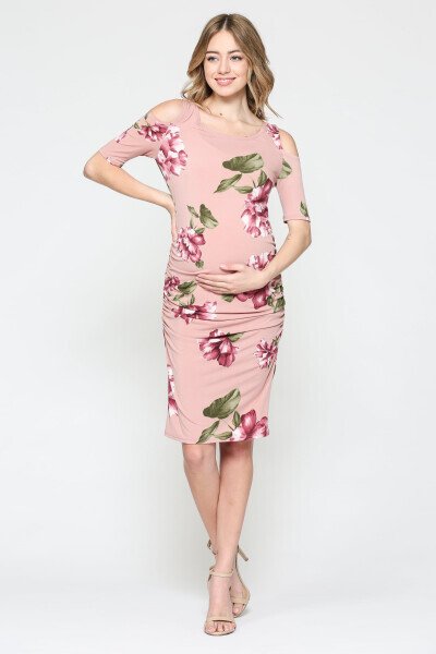 LaClef Women's Cold Shoulder Maternity Midi Dress- - 5