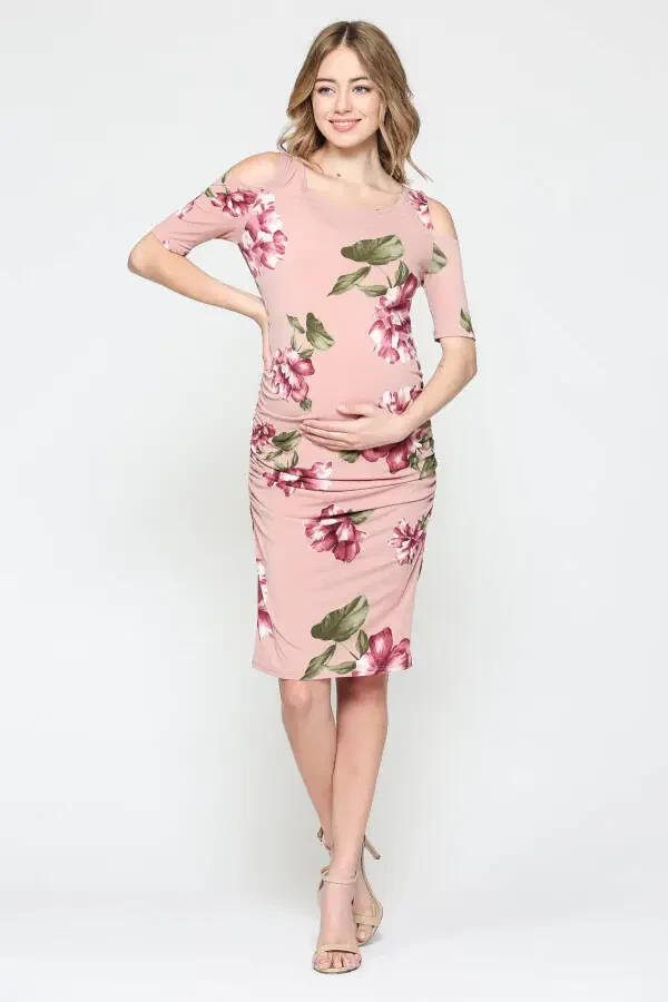LaClef Women's Cold Shoulder Maternity Midi Dress- - 4