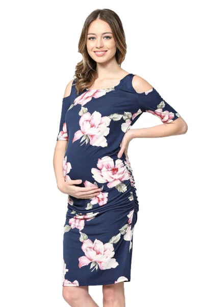 LaClef Women's Cold Shoulder Maternity Midi Dress- - 1