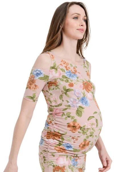 LaClef Women's Cold Shoulder Maternity Midi Dress- - 5