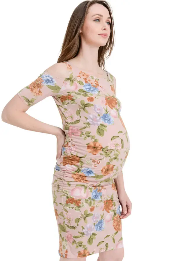 LaClef Women's Cold Shoulder Maternity Midi Dress- - 2