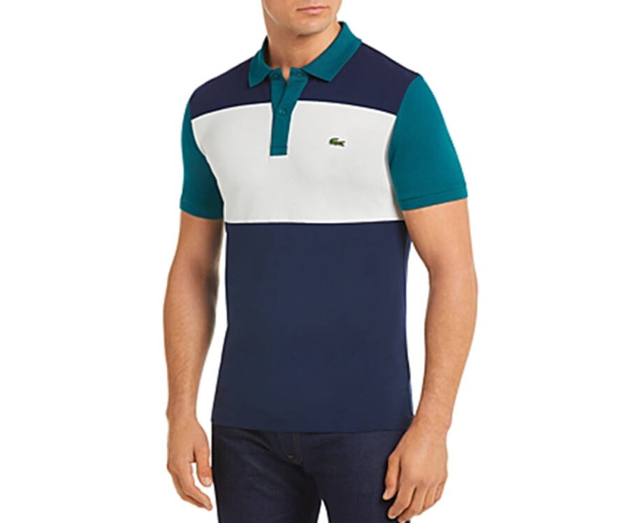 Lacoste Color-Block Striped Slim Fit Pique Polo Shirt Mens Active Shirts & Tees Size L, Color: Emerald/Blue/White - 1