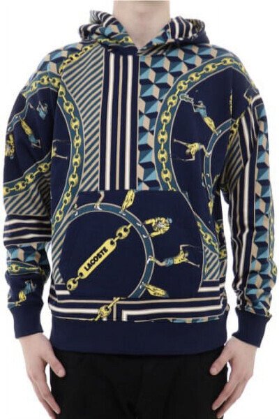 Lacoste Live Scarf Print Mens Active Hoodies Size L, Color: Navy/Beige/Yellow - LACOSTE