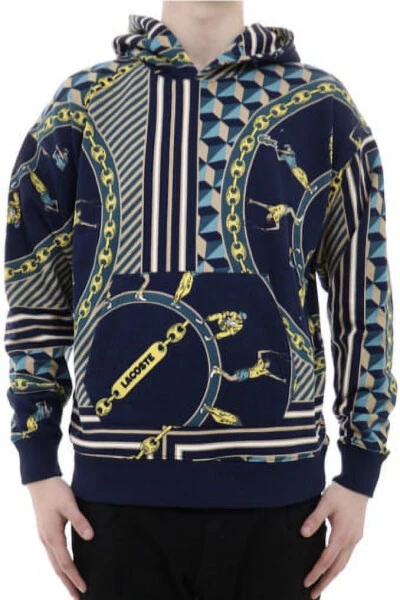 Lacoste Live Scarf Print Mens Active Hoodies Size L, Color: Navy/Beige/Yellow - Modazone