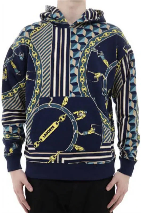 Lacoste Live Scarf Print Mens Active Hoodies Size L, Color: Navy/Beige/Yellow - 1