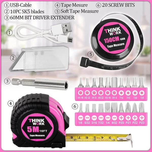 Ladies 40-Piece Pink Tool Set Made By Thinkwork TW6063 - 7