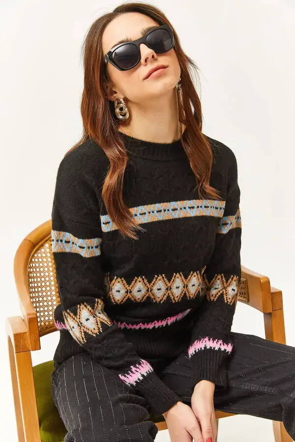 Ladies Black Baklava Stripe Soft Textured Sweater KZK-19000790 - 1