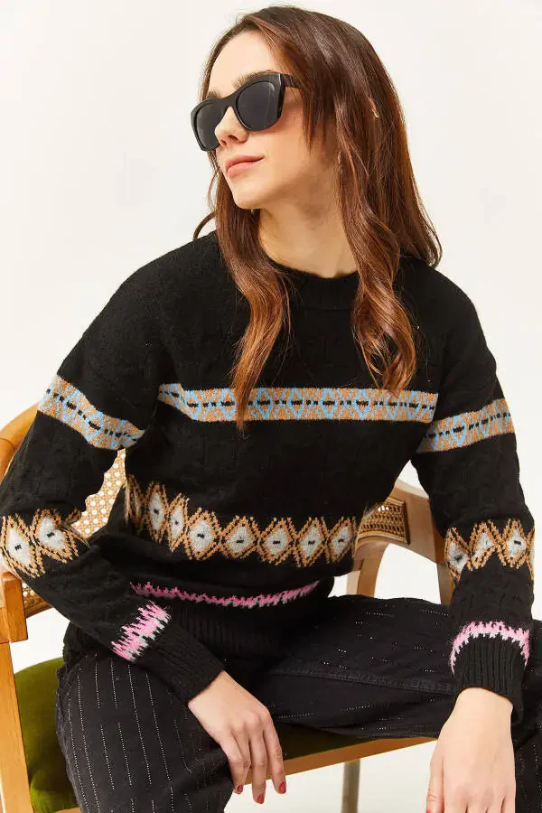 Ladies Black Baklava Stripe Soft Textured Sweater KZK-19000790 - 3