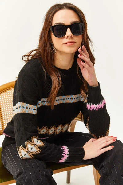 Ladies Black Baklava Stripe Soft Textured Sweater KZK-19000790 - 4