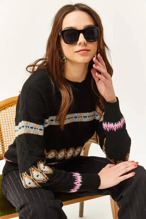 Ladies Black Baklava Stripe Soft Textured Sweater KZK-19000790 - 4