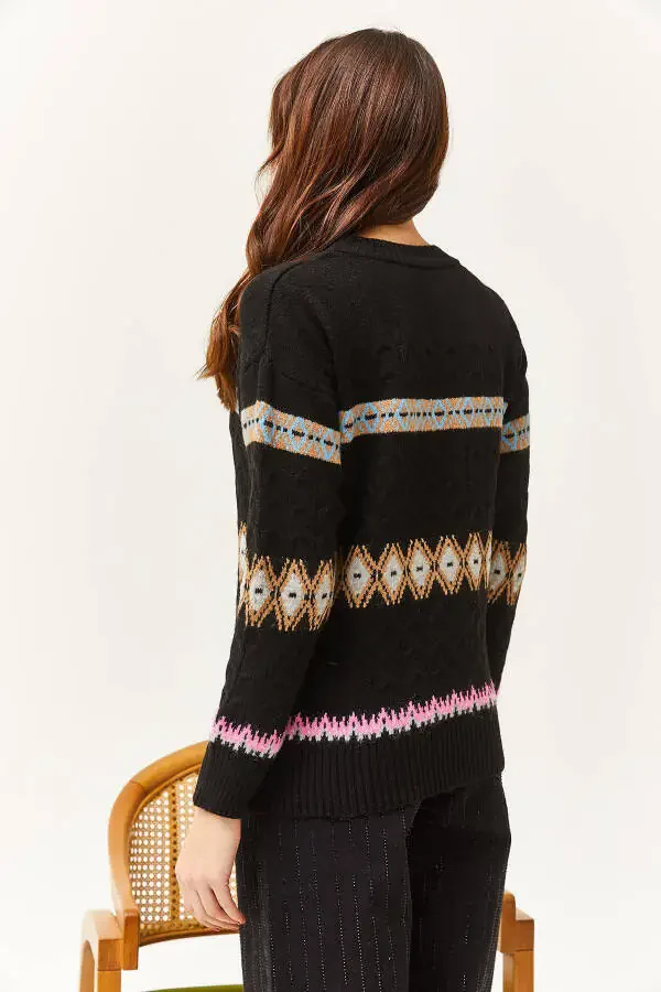 Ladies Black Baklava Stripe Soft Textured Sweater KZK-19000790 - 5