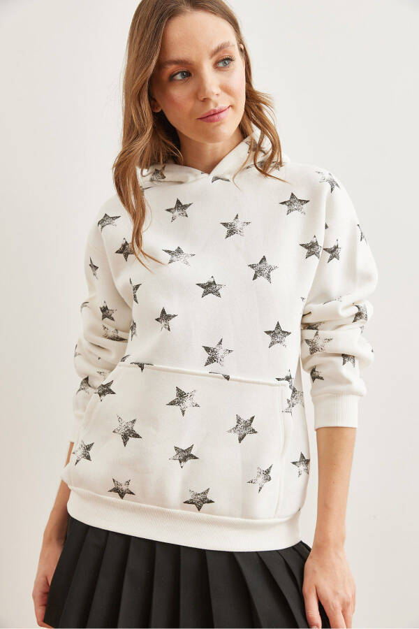 Ladies Ecru Black Hoodie Star Print Thistle Thick Sweatshirt SWT-19000659 - 3