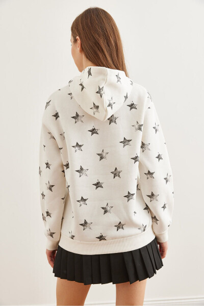 Ladies Ecru Black Hoodie Star Print Thistle Thick Sweatshirt SWT-19000659 - 5