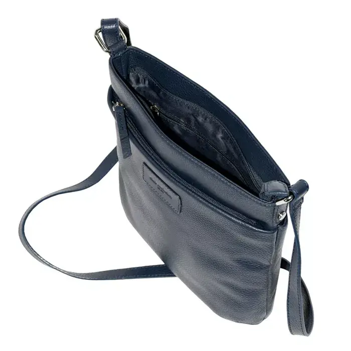 Ladies Leather Top Zipper Crossbody Bag - Navy - 3