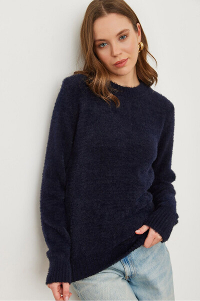 Ladies Navy Blue Cycling Collar Soft Textured Beard Sweater - OLALOOK