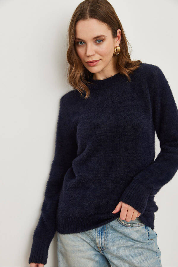 Ladies Navy Blue Cycling Collar Soft Textured Beard Sweater - 2