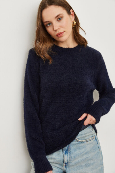 Ladies Navy Blue Cycling Collar Soft Textured Beard Sweater - 3