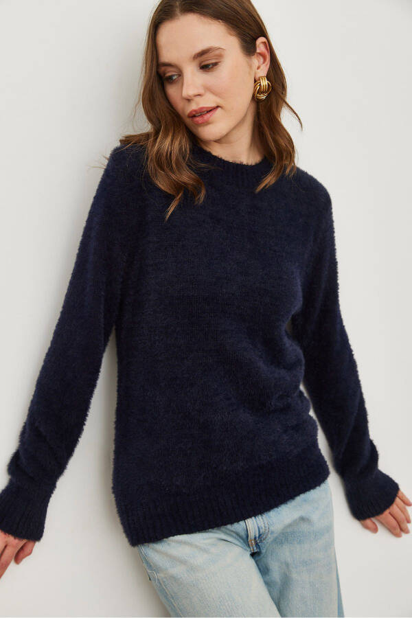 Ladies Navy Blue Cycling Collar Soft Textured Beard Sweater - 4