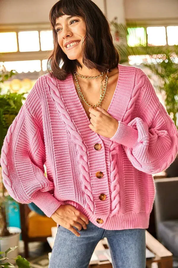 Ladies Pink Chunky Cable Knit Cardigan HRK-19000082 - 1
