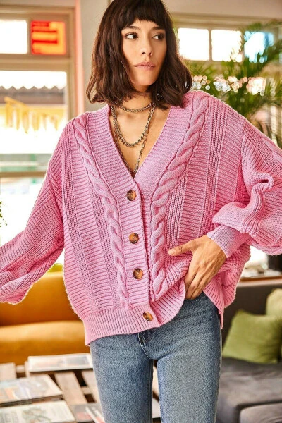 Ladies Pink Chunky Cable Knit Cardigan HRK-19000082 - OLALOOK (1)