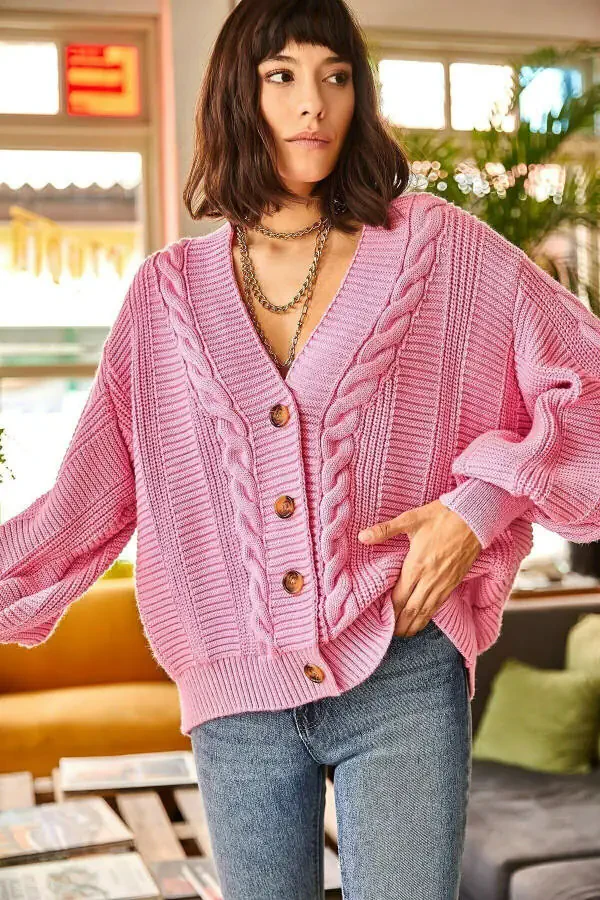 Ladies Pink Chunky Cable Knit Cardigan HRK-19000082 - 2