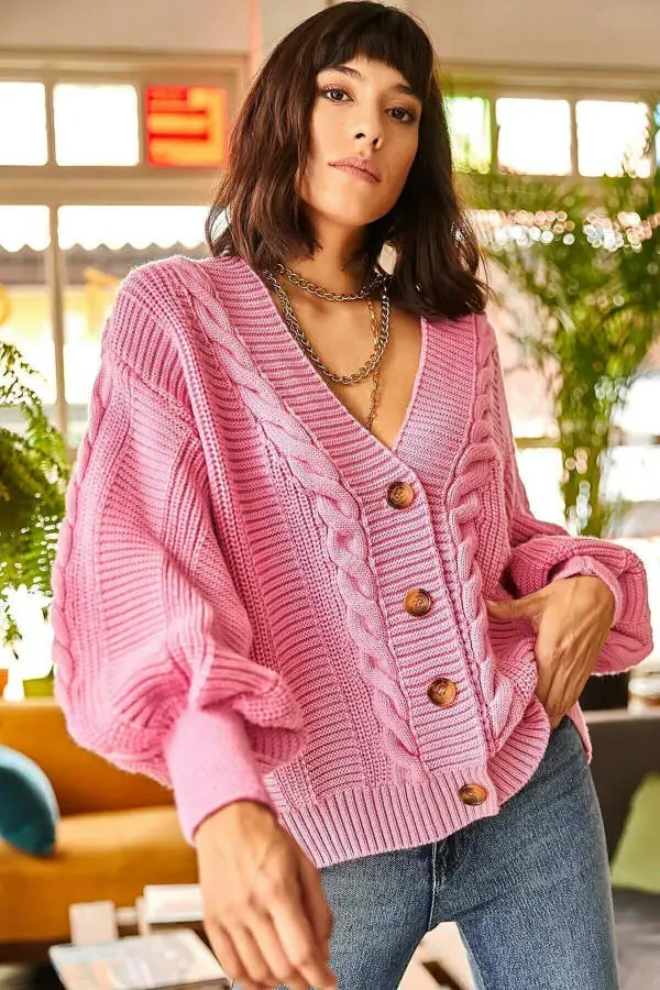 Ladies Pink Chunky Cable Knit Cardigan HRK-19000082 - 3