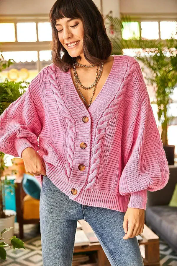 Ladies Pink Chunky Cable Knit Cardigan HRK-19000082 - 4