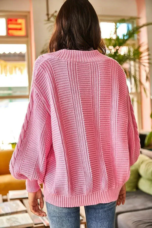 Ladies Pink Chunky Cable Knit Cardigan HRK-19000082 - 5