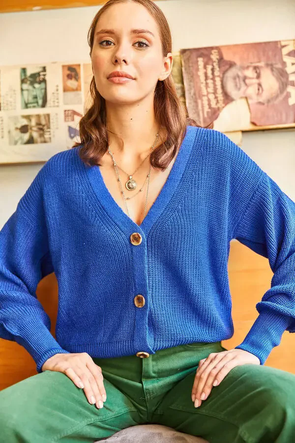 Ladies' Saks Blue Buttoned Cardigan HRK-19000097 - 3