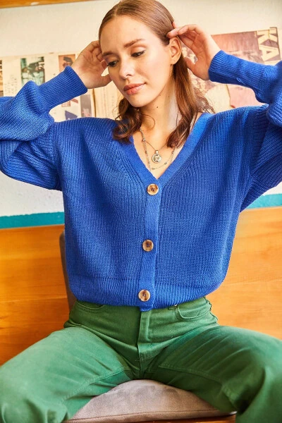 Ladies' Saks Blue Buttoned Cardigan HRK-19000097 - 4