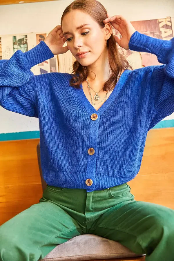 Ladies' Saks Blue Buttoned Cardigan HRK-19000097 - 4