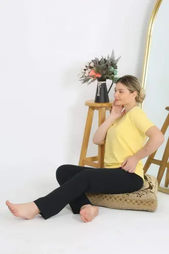 Ladies' Short Sleeve Cotton Knit Pajamas Set Yellow 4215 - 7