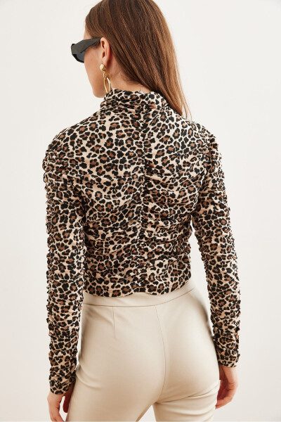 Ladies Stone-Black Front Seam Detail Bonded Elastic Leopard Blouse BLZ-19002781 - 5