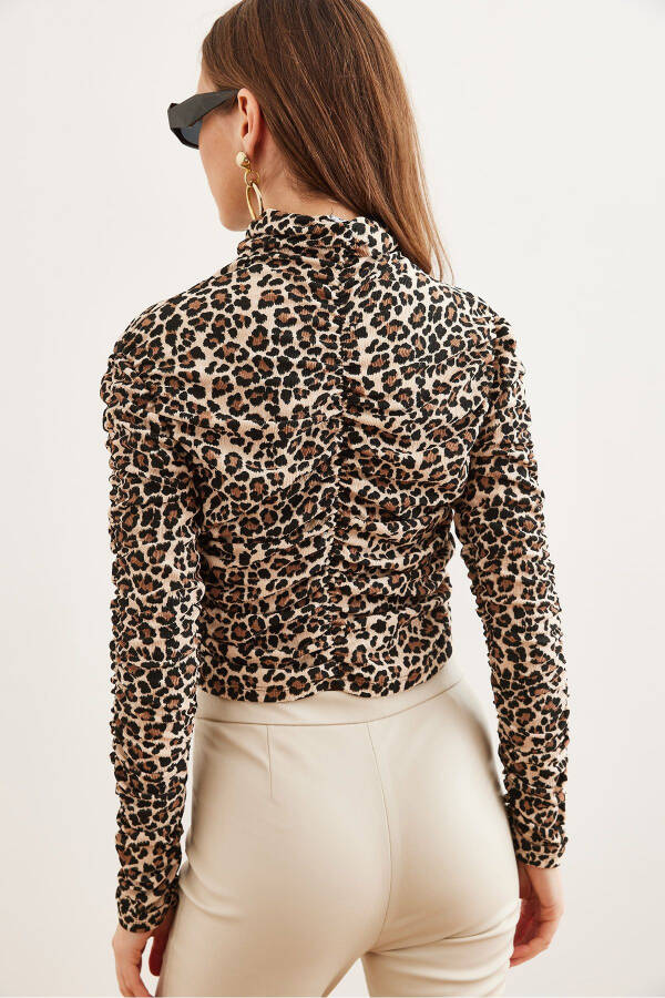 Ladies Stone-Black Front Seam Detail Bonded Elastic Leopard Blouse BLZ-19002781 - 5