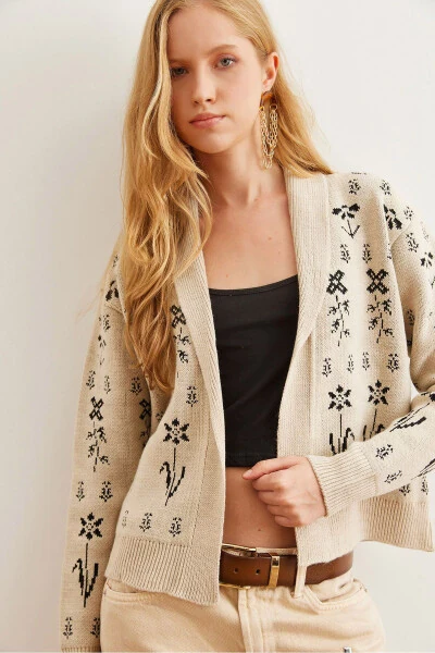 Ladies Stone Flower Patterned Shawl Collar Cardigan HRK-19000294 - OLALOOK