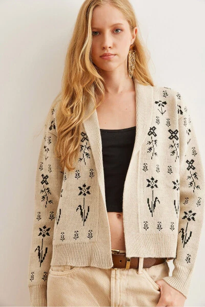 Ladies Stone Flower Patterned Shawl Collar Cardigan HRK-19000294 - OLALOOK (1)