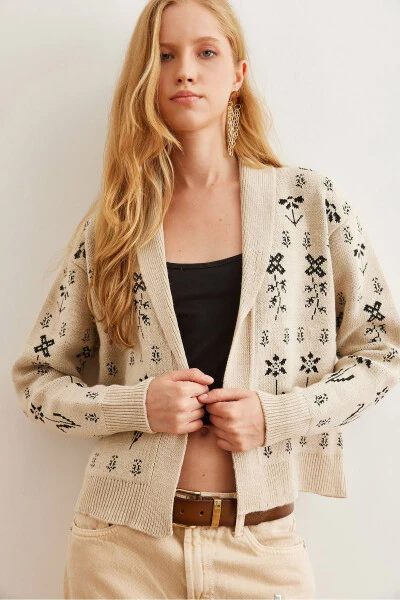 Ladies Stone Flower Patterned Shawl Collar Cardigan HRK-19000294 - 4