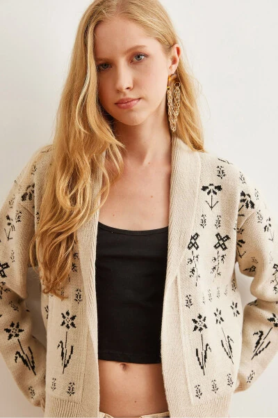 Ladies Stone Flower Patterned Shawl Collar Cardigan HRK-19000294 - 6