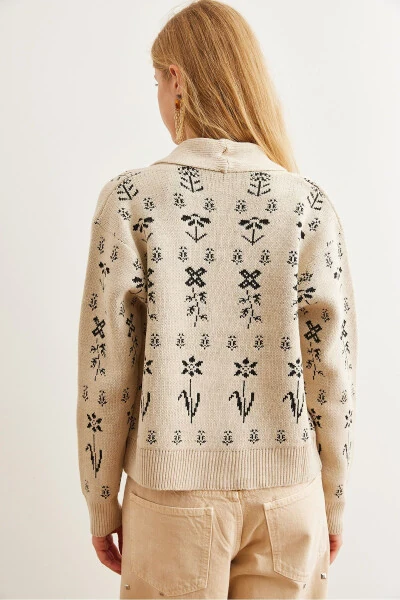 Ladies Stone Flower Patterned Shawl Collar Cardigan HRK-19000294 - 7