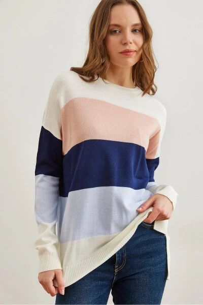 Ladies' White Thick Colour Block Knit Sweater WSW-19000824 - OLALOOK