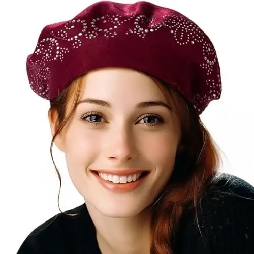 LADYBRO Ayollar uchun Rhinestone Beret Shlyapalar 2 Qavatli Jun Frantsuz Trikotaj Shapka Lady Qish Qora - LADYBRO