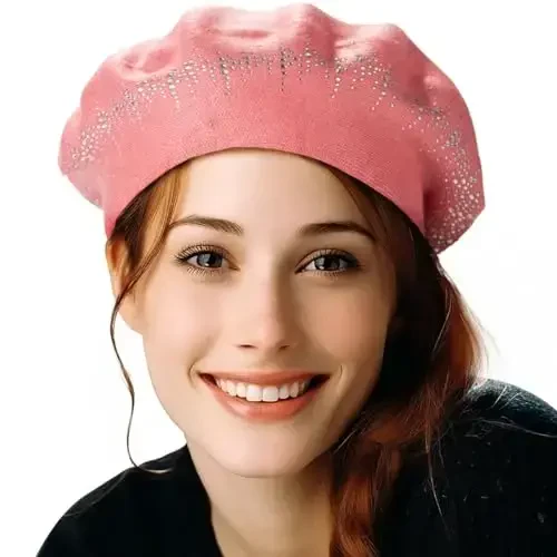 LADYBRO Ayollar uchun rinestone beret shlyapalari 2 qatlamli junli frantsuz trikotaj shapka Lady Winter Black 